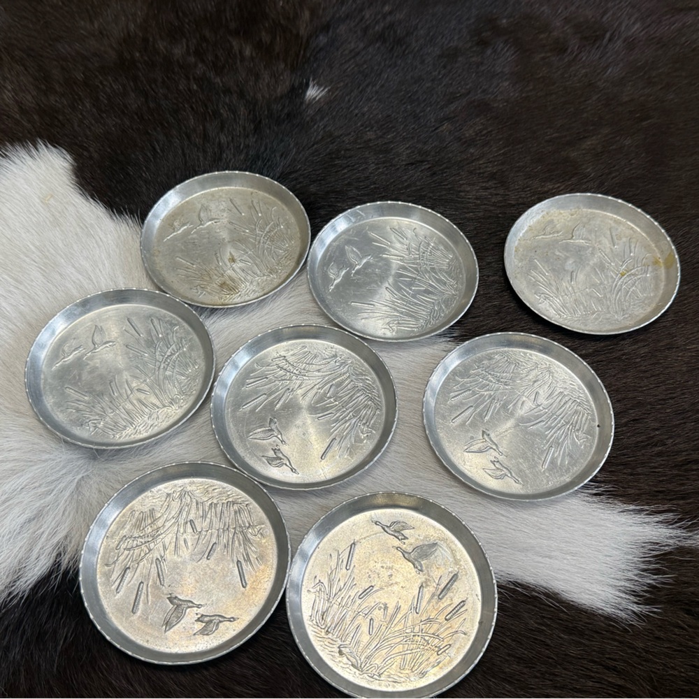 Vintage MCM Elegant Aluminum Silver Decorative Wildlife Coaster Set